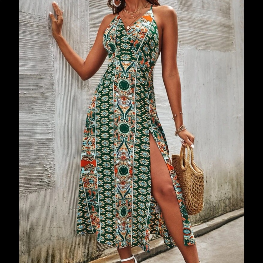 Boho Backless Floral Paisley Print Slit Criss Cross Back Maxi Dress Cottagecore - Picture 3 of 5